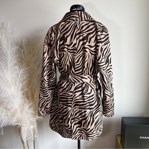 Vintage Chaps Black Tan Animal Zebra Print Trench Coat - Picture 8 of 14